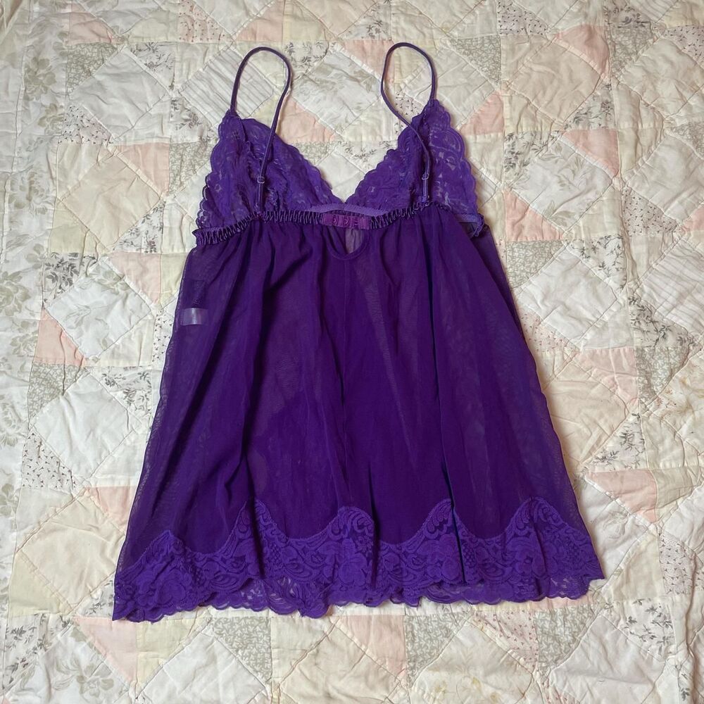 frederick’s of hollywood royal purple floral lace fairy cami slip dress large - Picture 3 of 7